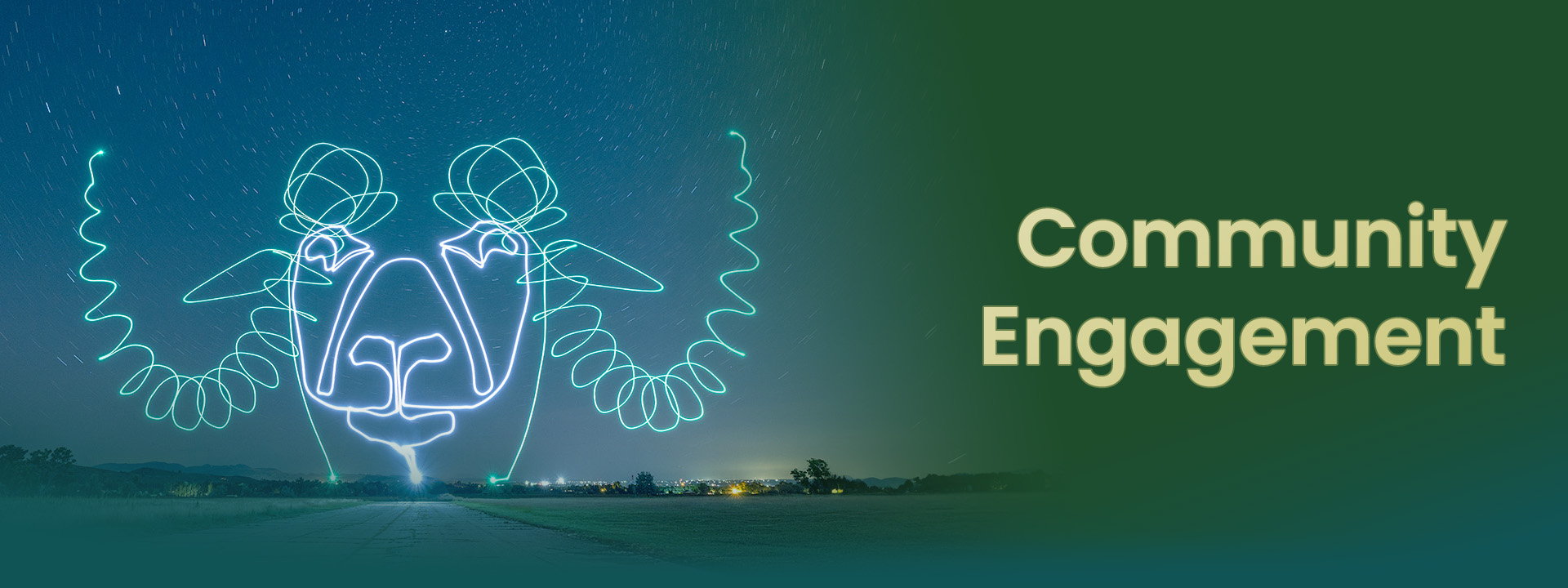 Light art depicting a face with the text "Community Engagement" on a green background.
