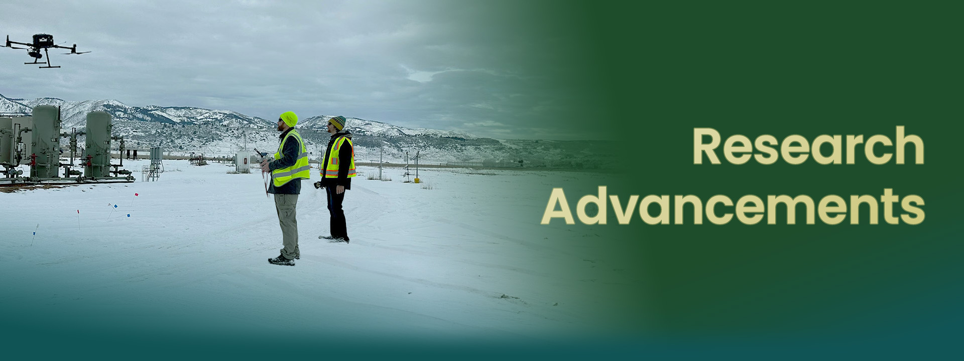 Two researchers in safety vests observing a drone in a snowy landscape, with the text "Research Advancements."