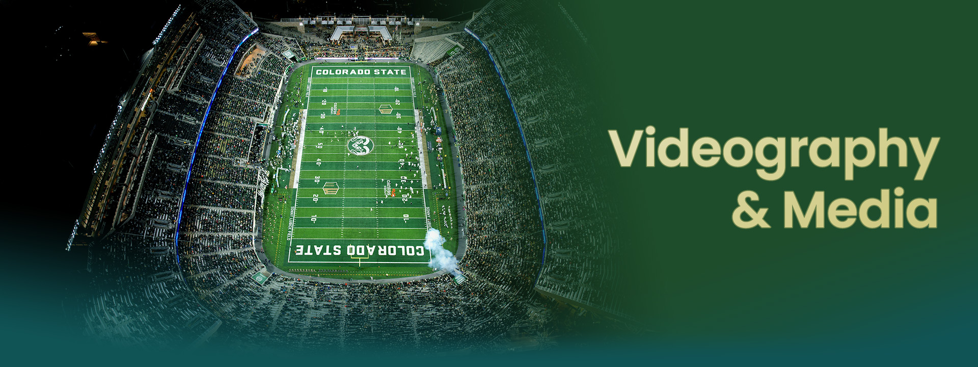 Aerial view of a stadium with text overlay for "Videography & Media."